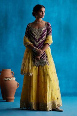 Yellow Sharara Set With Wine Kurta Set