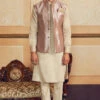 Pastel Purple Checkered Jacquard Banarasi Men's Jacket Set