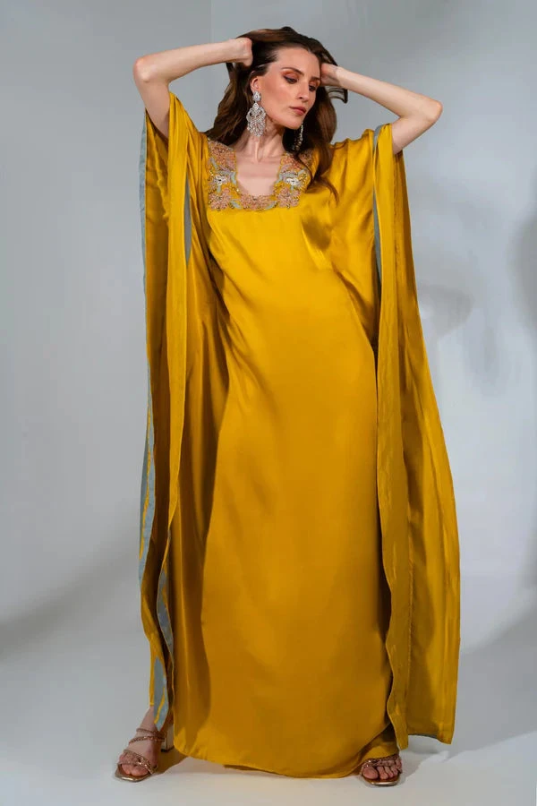 Yellow Modal Satin Floral Embeoidered Kaftan 3 Yellow Modal Satin Floral Embeoidered Kaftan - Image 3