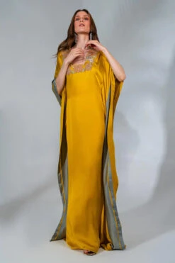 Yellow Modal Satin Floral Embeoidered Kaftan 8 Yellow Modal Satin Floral Embeoidered Kaftan -Lillys Clothing Shop 1690891904056 DSC02937