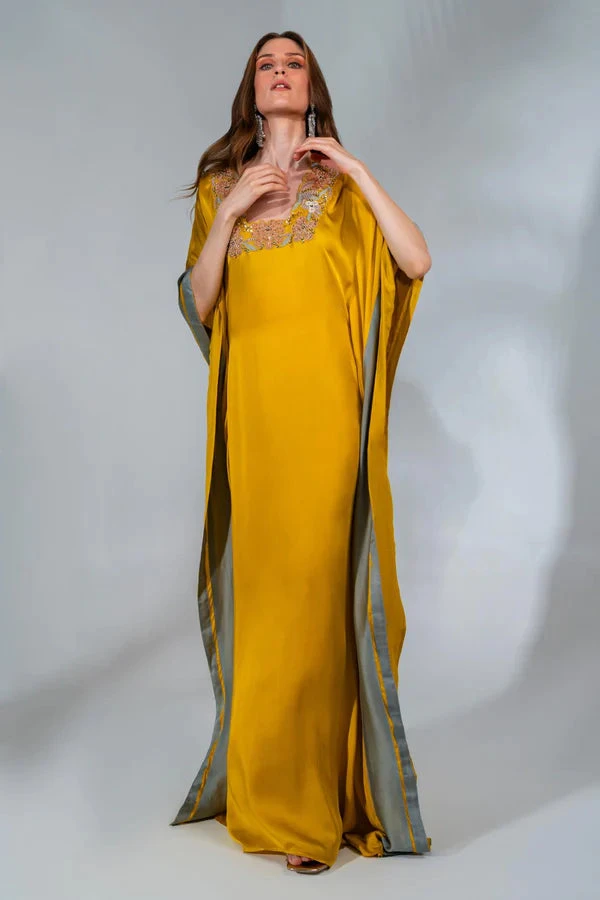 Yellow Modal Satin Floral Embeoidered Kaftan 4 Yellow Modal Satin Floral Embeoidered Kaftan - Image 4