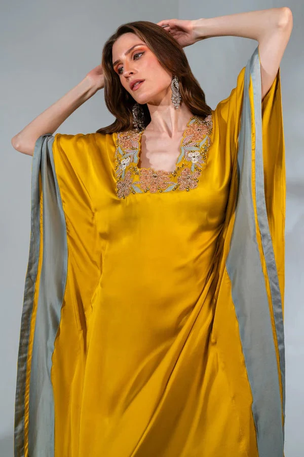 Yellow Modal Satin Floral Embeoidered Kaftan 2 Yellow Modal Satin Floral Embeoidered Kaftan - Image 2