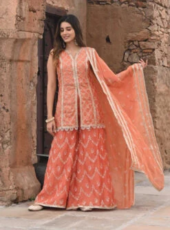 Mulmul Organza Satin Ainah Burnt Orange Kurta With Sharara