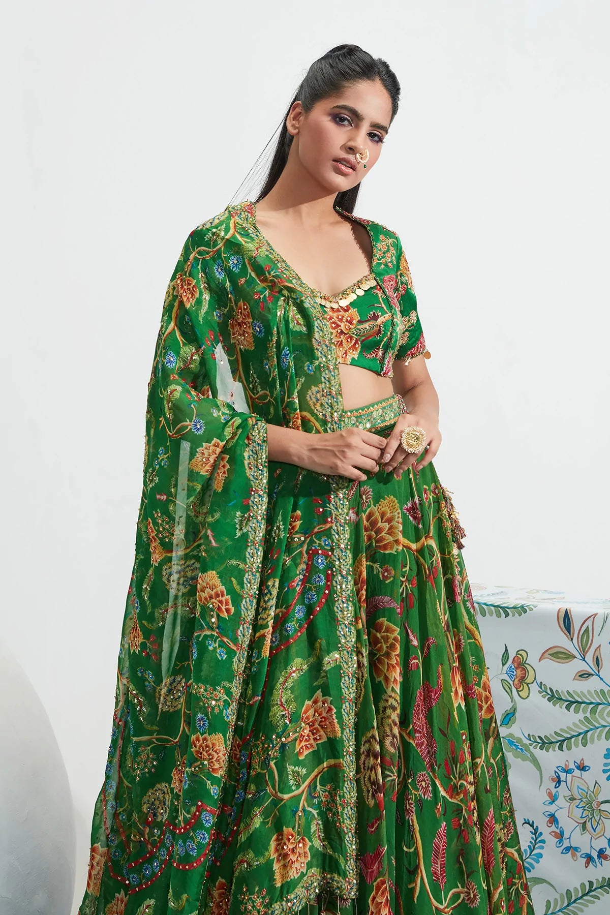 Green Georgette Sarah Floral Print Lehenga Set 5 Green Georgette Sarah Floral Print Lehenga Set - Image 5