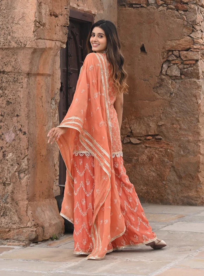 Mulmul Organza Satin Ainah Burnt Orange Kurta With Sharara 6 Mulmul Organza Satin Ainah Burnt Orange Kurta With Sharara - Image 6