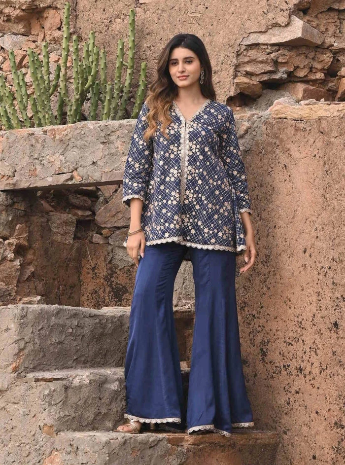 Mulmul Organza Satin Afreen Navy Top With Sharara 1 Mulmul Organza Satin Afreen Navy Top With Sharara