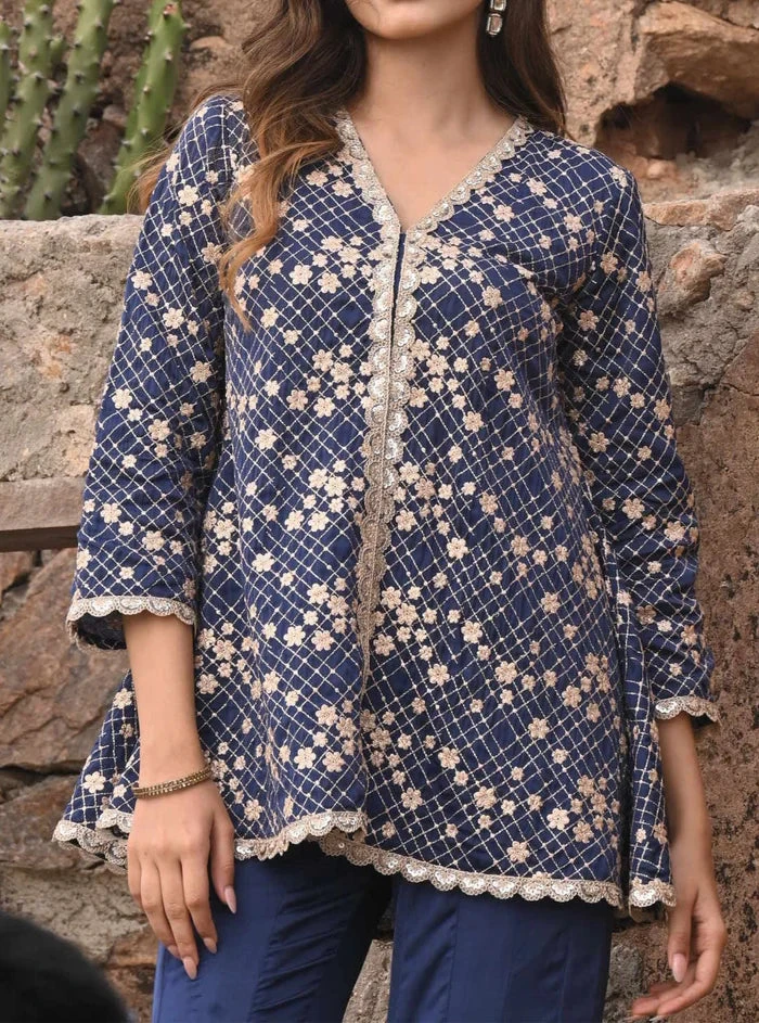 Mulmul Organza Satin Afreen Navy Top With Sharara 6 Mulmul Organza Satin Afreen Navy Top With Sharara - Image 6