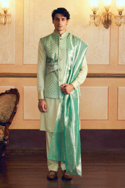 Mint Green Jacquard Banarasi Men's Jacket Set