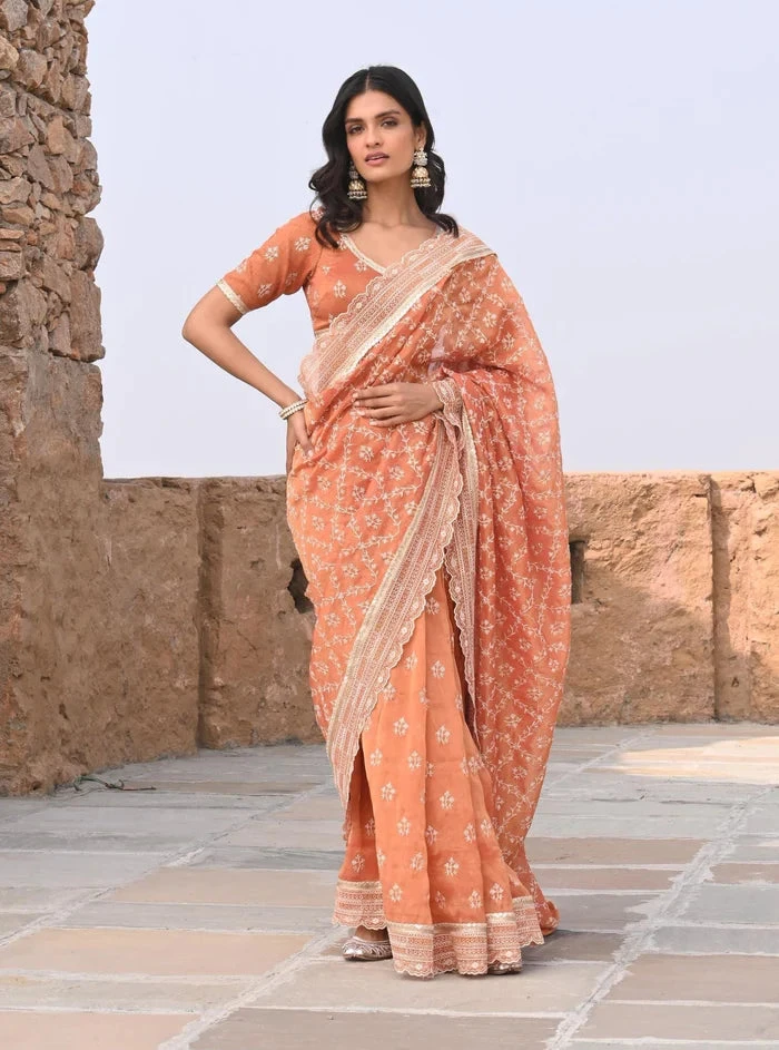 Mulmul Luxe Tissue Mehram Burnt Orange Saree 1 Mulmul Luxe Tissue Mehram Burnt Orange Saree