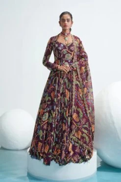 Purple Georgette Marwa Floral Print Anarkali With Dupatta