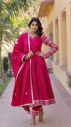 Pink Leheriya Cotton Anarkali Set