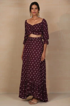 Purple Printed Crop Top And Skirt Set