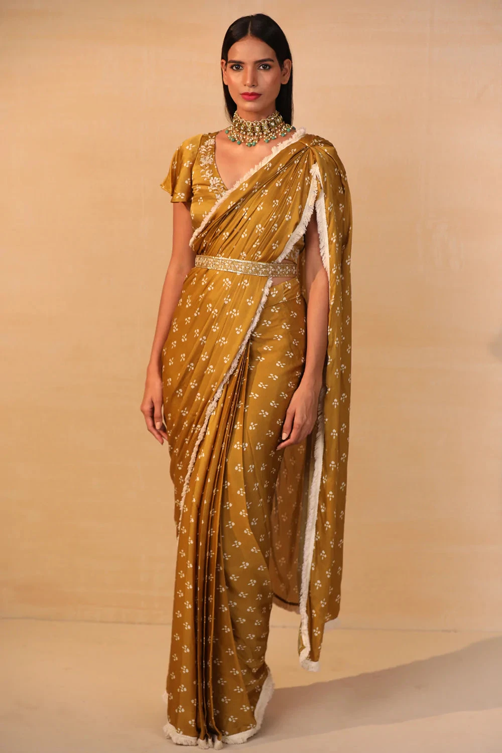 Mustard Pre Draped Printed Saree Set 1 Mustard Pre Draped Printed Saree Set