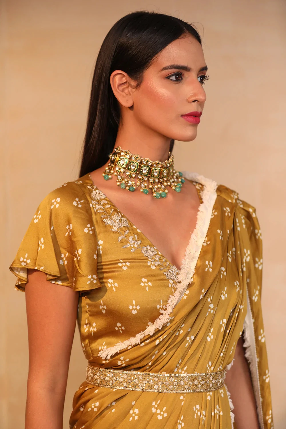 Mustard Pre Draped Printed Saree Set 3 Mustard Pre Draped Printed Saree Set - Image 3