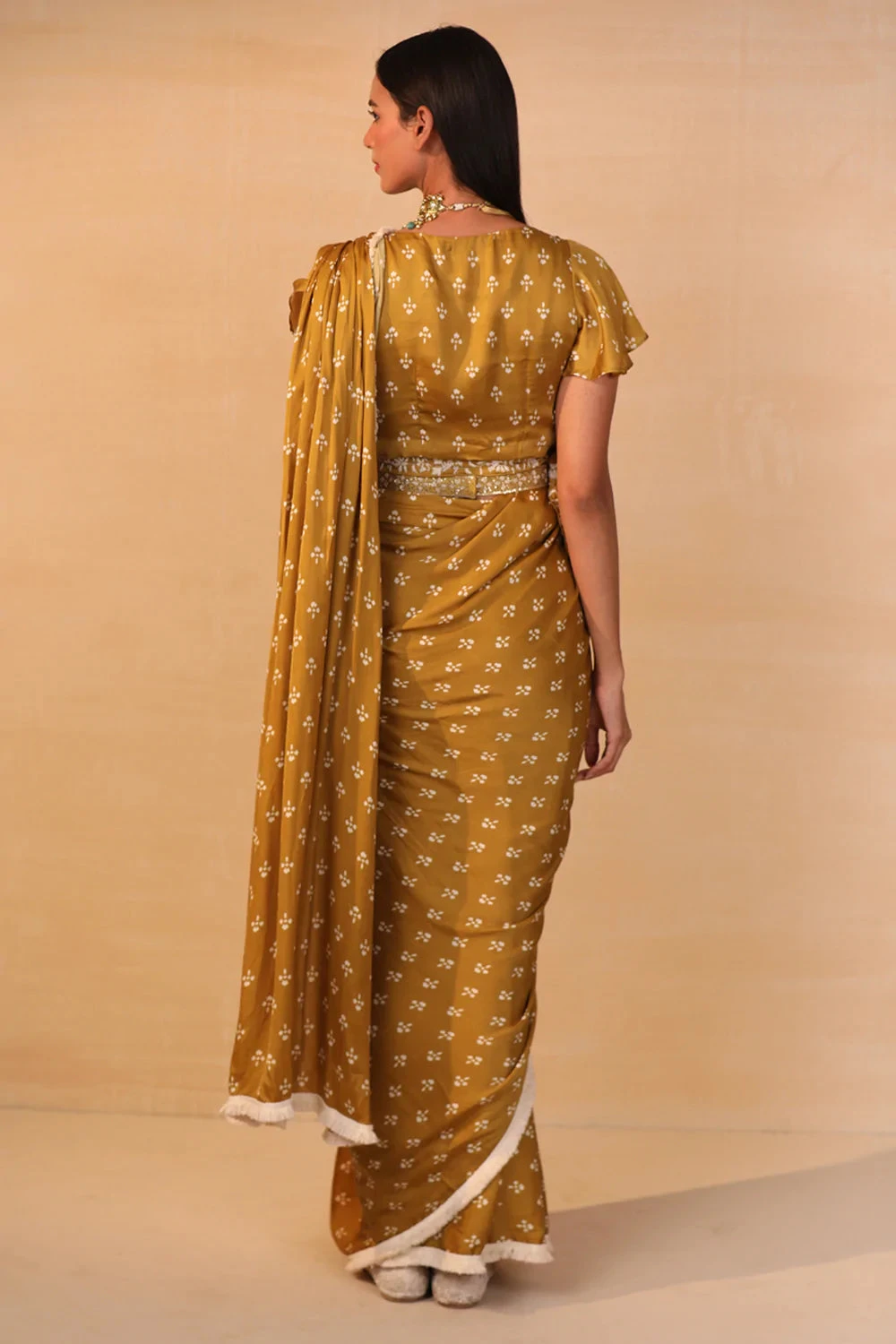 Mustard Pre Draped Printed Saree Set 2 Mustard Pre Draped Printed Saree Set - Image 2