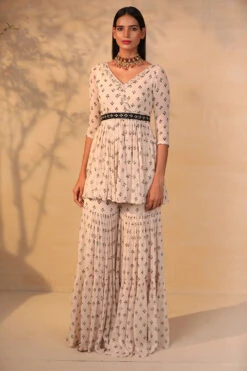 Off White Printed And Embroidered Gharara Set