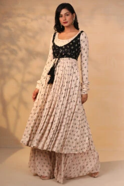 Off White And Black Jacket Anarkali Sharara Set