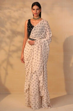 Off White Printed Ruffle Saree With Belt Set