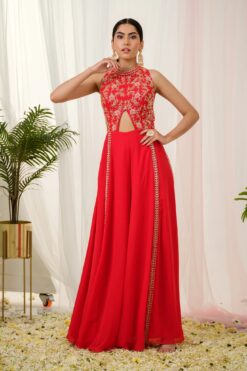 Lyric Striking Red Georgette Handcrafted Kalidar Jumpsuit