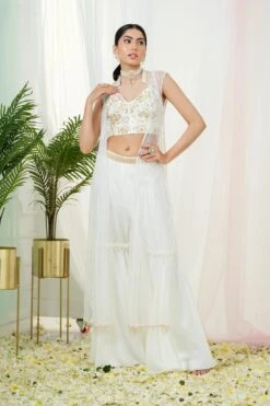 Enigma Off White Georgette Corset And Sharara Pant Set
