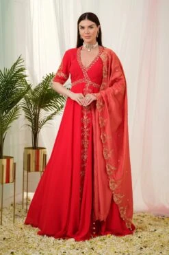 Vermilion Captivating Red Georgette Deep V Neck Kalidar Anarkali