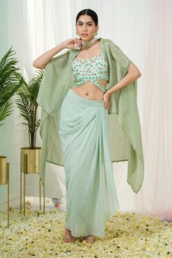 Lila Mint Green Georgette Floral Handcrafted Dhoti Set