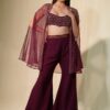 Aubergine Crystal And Sequin Blouse Paired With Flared Pants And Cape