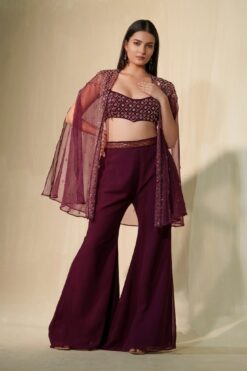 Aubergine Crystal And Sequin Blouse Paired With Flared Pants And Cape