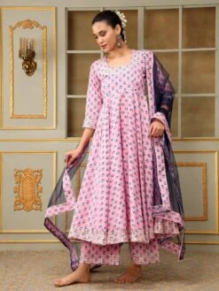 Saadgi Blue Paisley Pink Anarkali Set