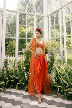 Silk Blouse With Silk Tissue Cape And Irish Satin Drape Skirt