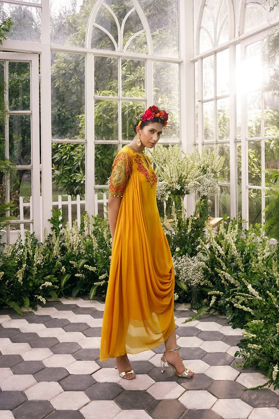 Georgette Drape Tunic With Organza Sleeve 1 Georgette Drape Tunic With Organza Sleeve