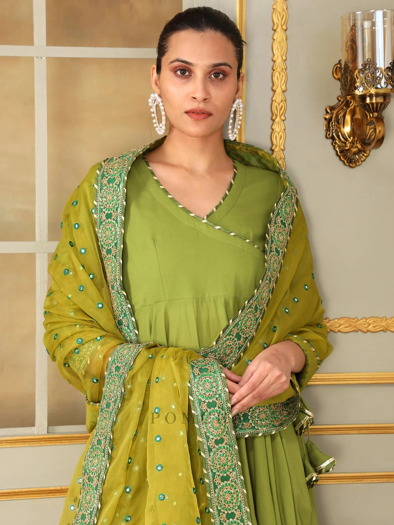 Saadgi Mehendi Green Mirror Work Angrakha Set 3 Saadgi Mehendi Green Mirror Work Angrakha Set - Image 3