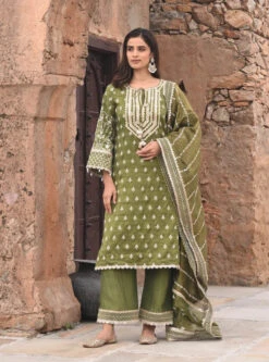Mulmul Luxe Tissue Satin Dholna Moss Green Kurta With Pant