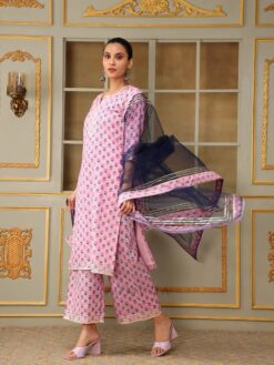 Saadgi Blue Paisley Pink Straight Suit Set