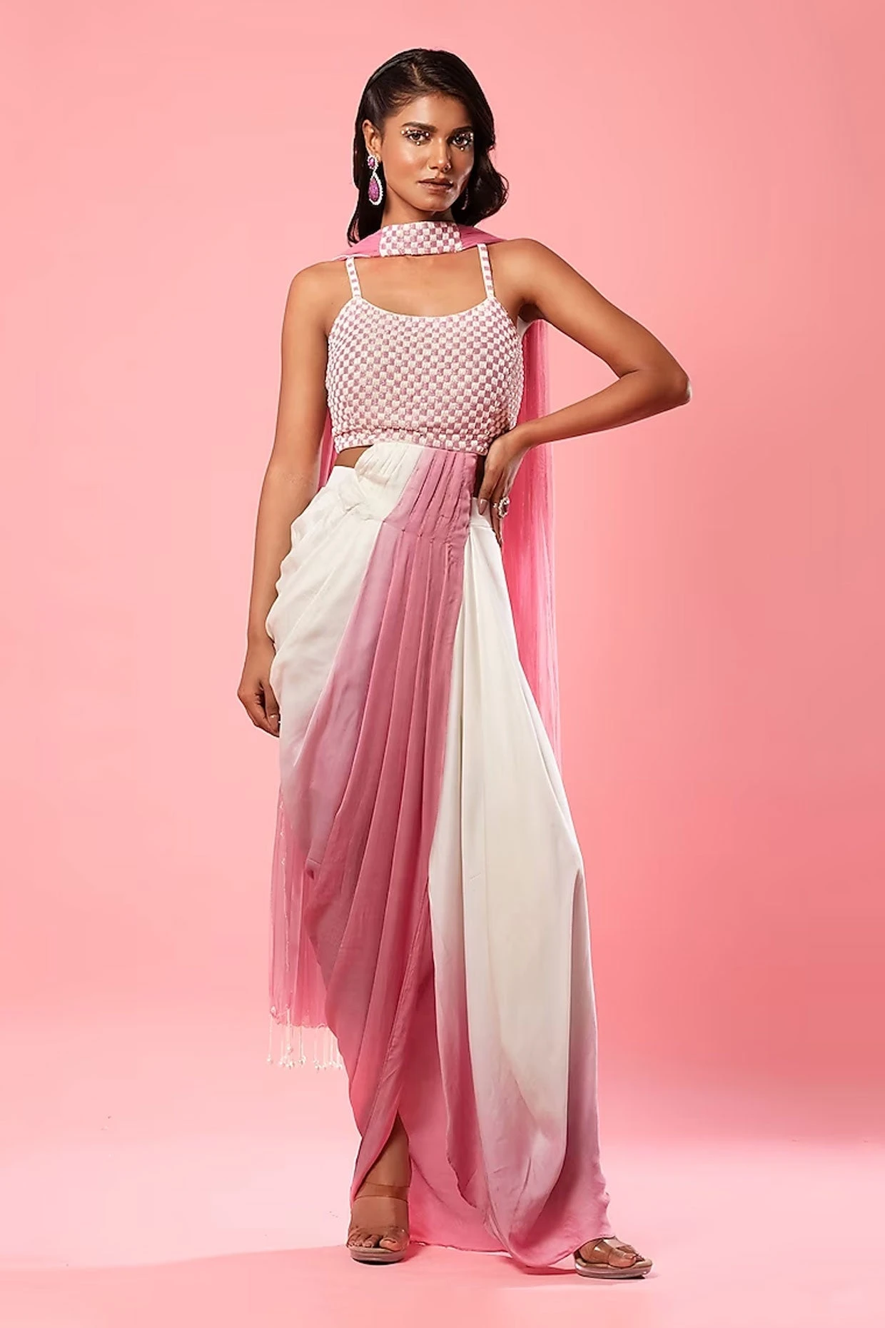 Ivory & Pink Modal Satin Ombre Pre-Draped Dress With Dupatta 1 Ivory & Pink Modal Satin Ombre Pre-Draped Dress With Dupatta