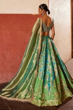 Green Banarasi Chanderi Quatrefoil Pattern Lehenga Set -Lillys Clothing Shop 2 0572712001682681790