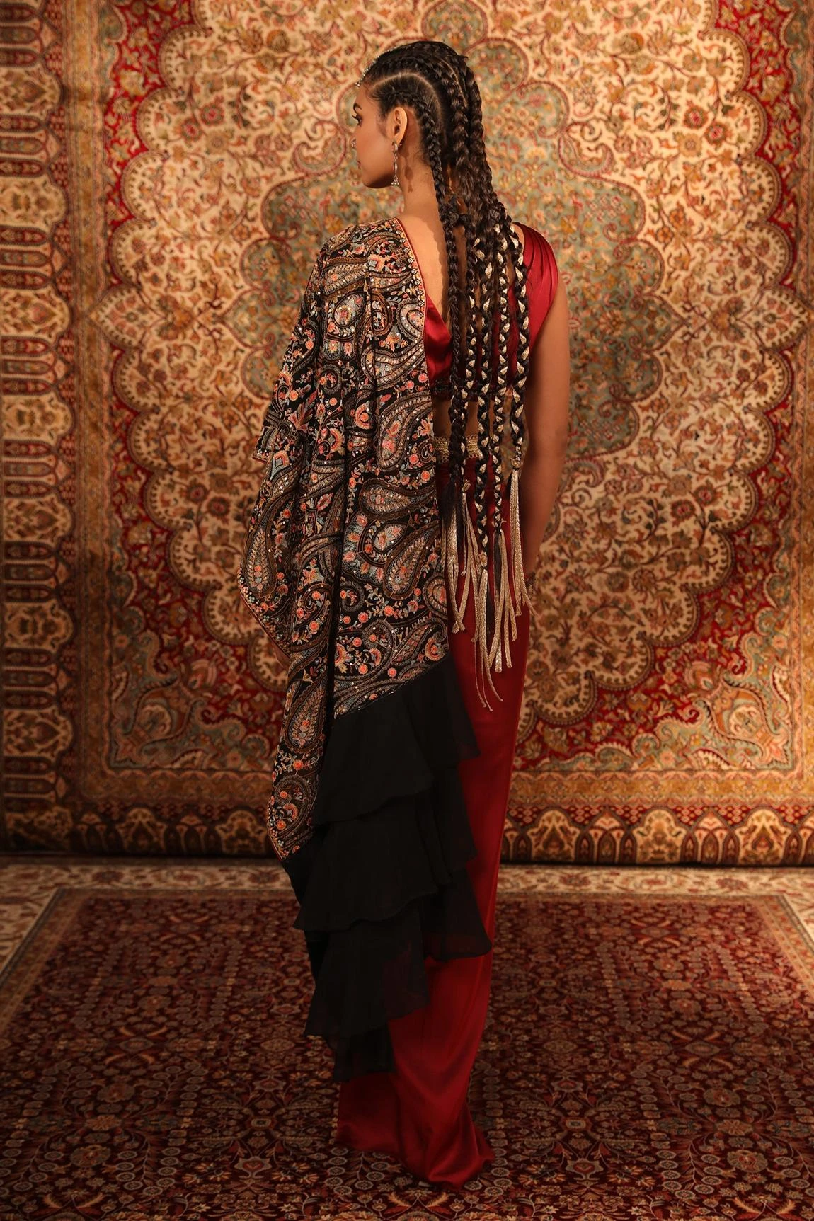 Satin Pre-Draped Embroidered Saree With Blouse 4 Satin Pre-Draped Embroidered Saree With Blouse - Image 4