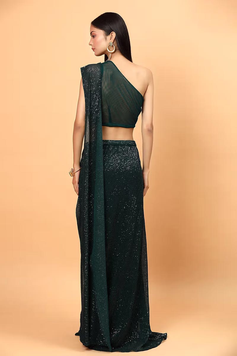 Green Lycra Pre-Draped Saree With One Shoulder Blouse 2 Green Lycra Pre-Draped Saree With One Shoulder Blouse - Image 2