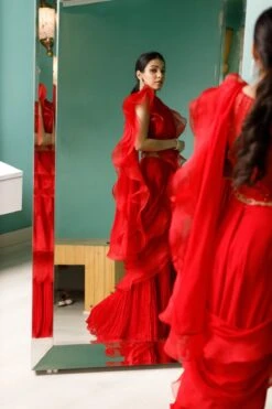 Red Tonal Embroidered Ruffle Saree
