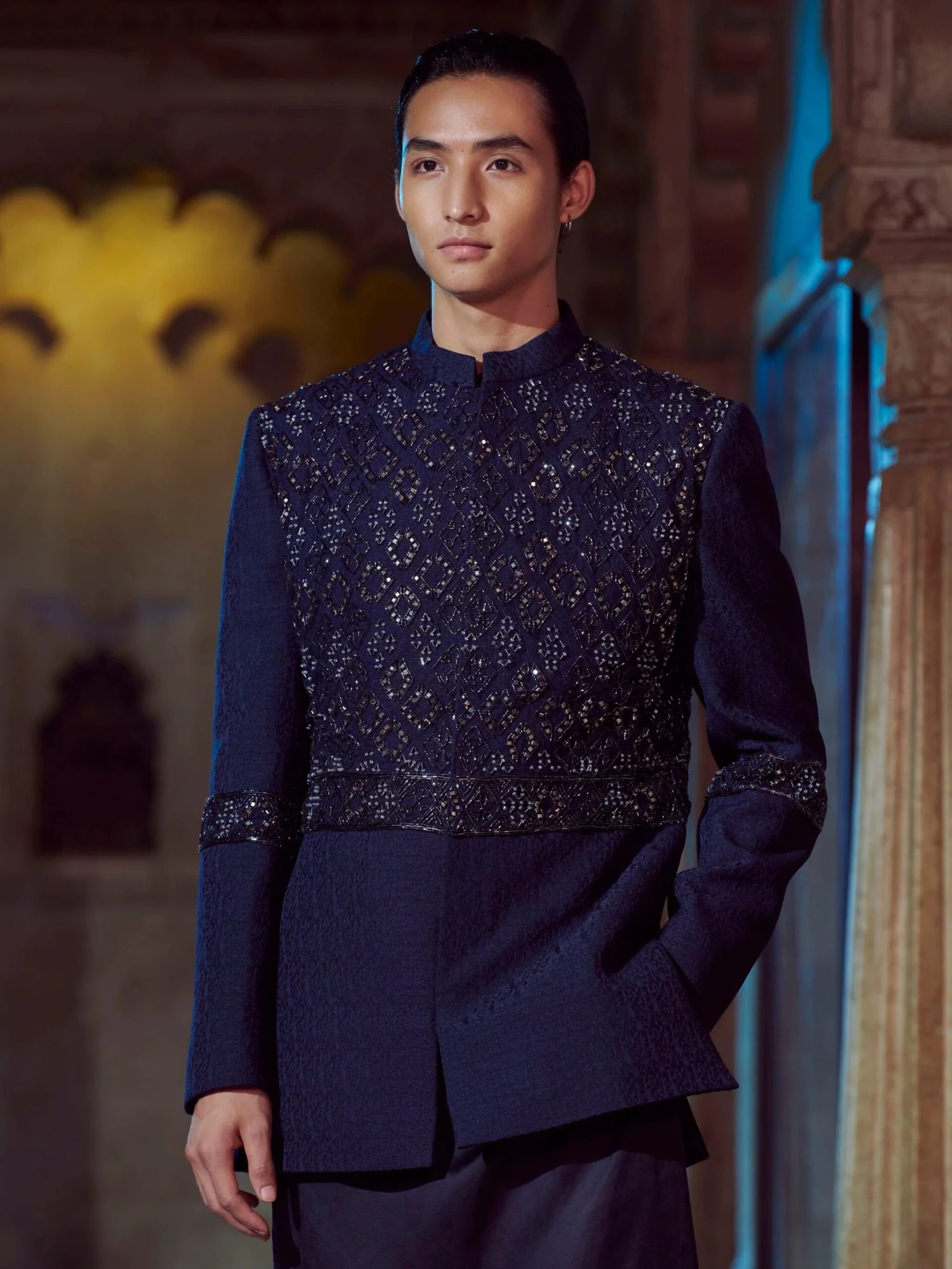 Navy Blue Kurta Jacket Set 2 Navy Blue Kurta Jacket Set - Image 2