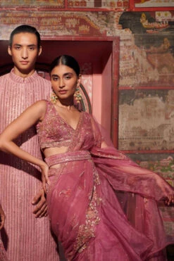 Mauve Embroidered Pre Draped Saree