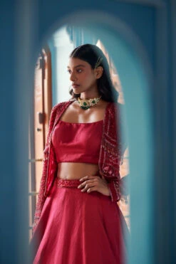 Plum Crop Top With Embroidered Jacket Set