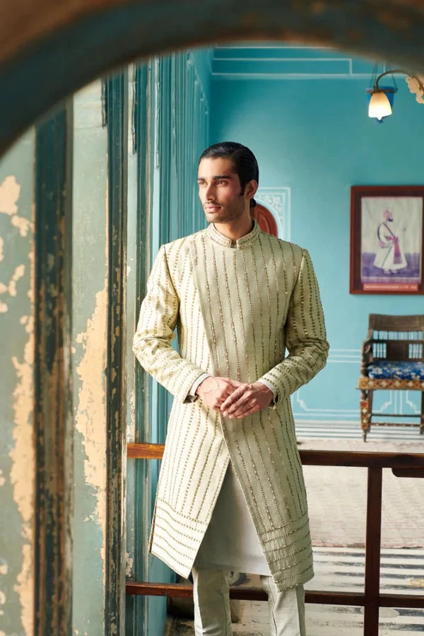 Pale Olive Embroidered Sherwani Set 3 Pale Olive Embroidered Sherwani Set - Image 3