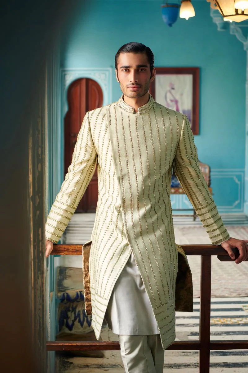 Pale Olive Embroidered Sherwani Set 2 Pale Olive Embroidered Sherwani Set - Image 2
