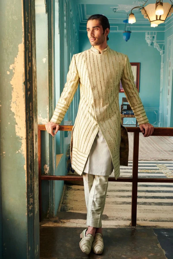 Pale Olive Embroidered Sherwani Set 1 Pale Olive Embroidered Sherwani Set