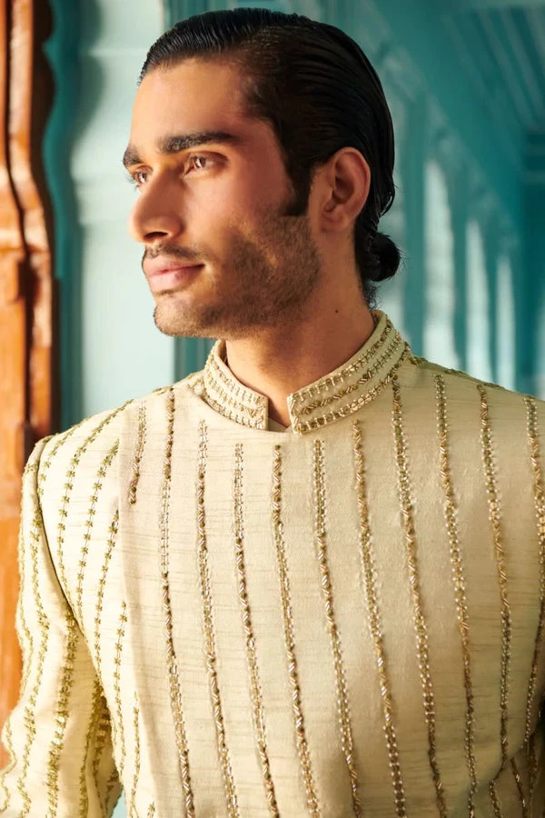 Pale Olive Embroidered Sherwani Set 4 Pale Olive Embroidered Sherwani Set - Image 4