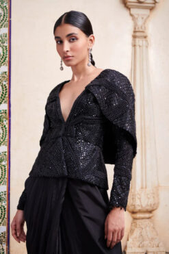 Black Embroidered Skirt Set With Jacket