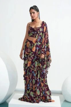 Purple Georgette Habiba Pre-stitched Ruffle Saree With Blouse