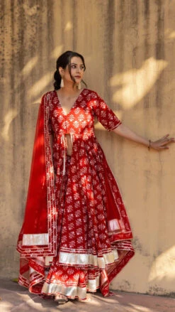 Blush Red Front Open Kurta Skirt Set