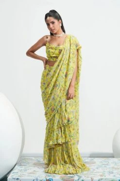 Yellow Georgette Habiba Pre-stitched Ruffle Saree With Blouse